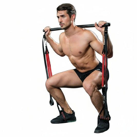 Man performing squat exercise with Flexora resistance bar – legs and glutes workout on a white background