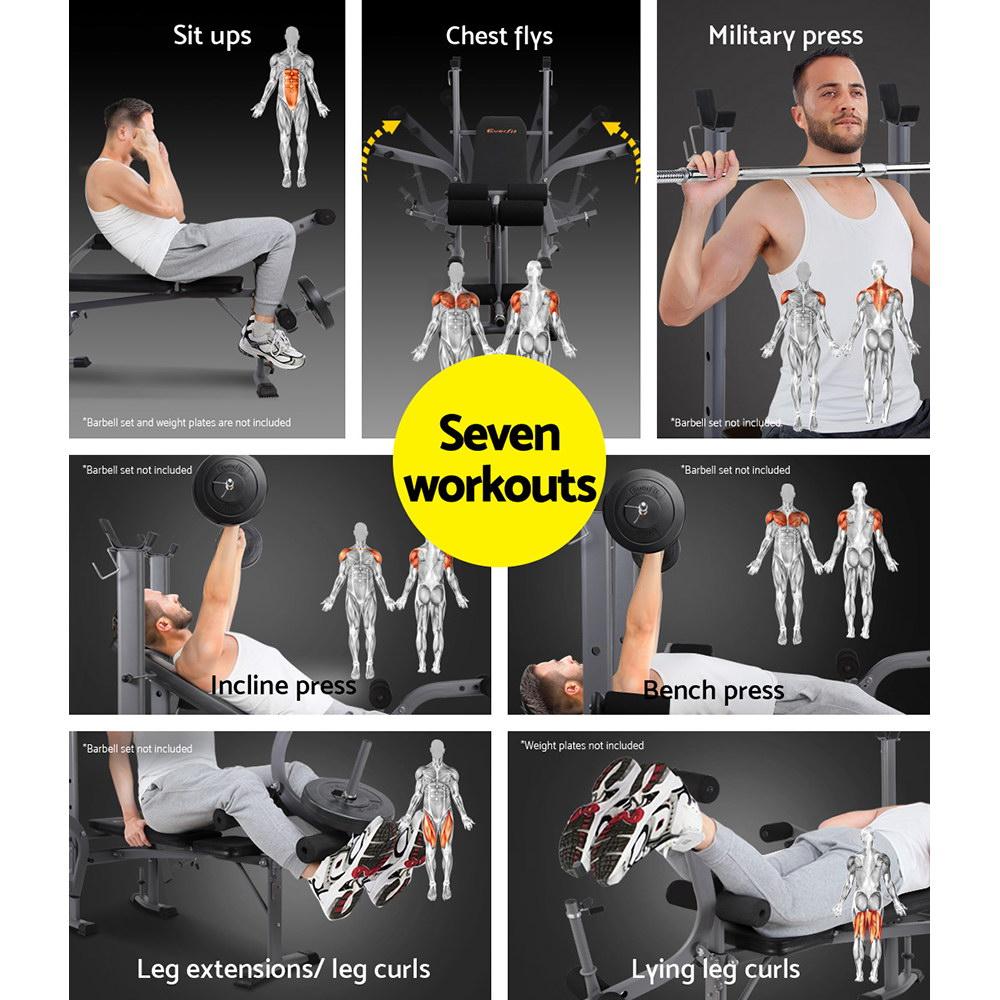 Seven workouts on Everfit weight bench targeting chest shoulders abs and legs