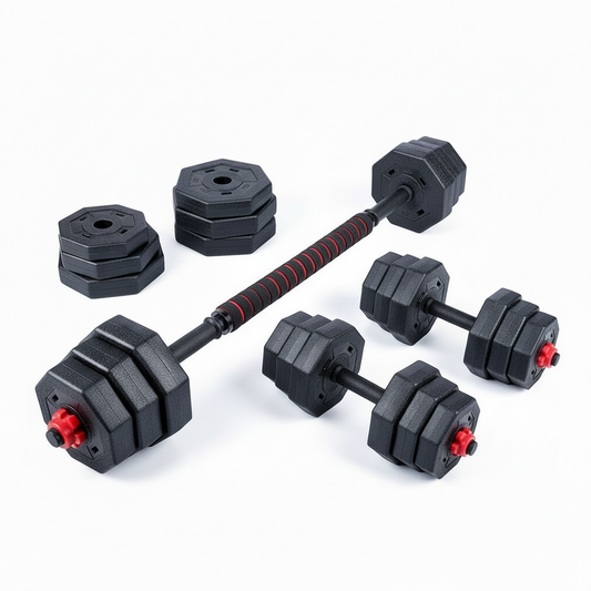 Flexora adjustable dumbbell and barbell set with hexagonal weight plates on a white background