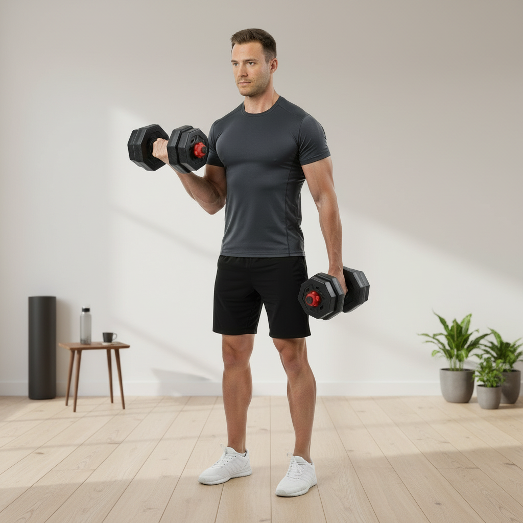 Man performing alternating dumbbell bicep curls with Flexora adjustable dumbbells in a home gym – biceps workout