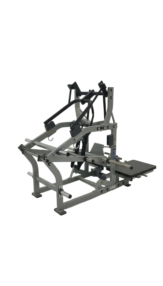 Side view of a plate-loaded belt squat and leg press combo machine on a white background