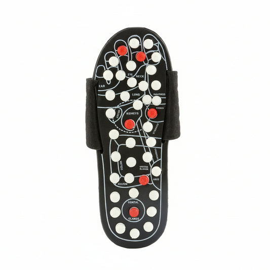 Flexora foot reflexology sandal showing labeled acupressure points for full-body nerve zones
