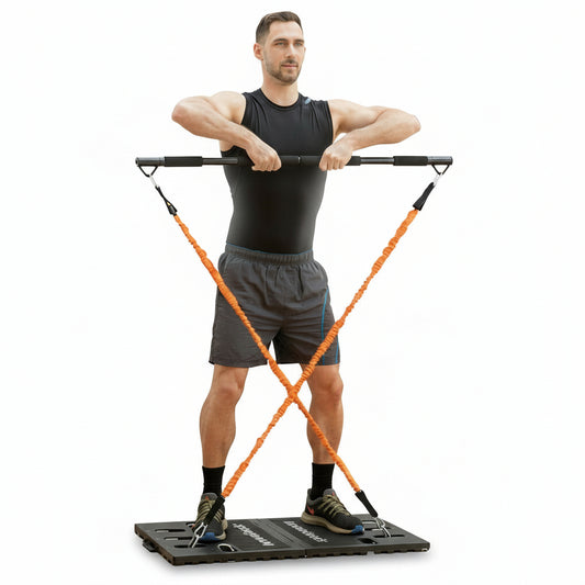 Flexora Portable Training System – man performing upright row with orange resistance bands on base platform on a white background