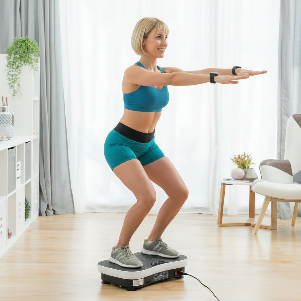 Woman performing squat exercise on a vibration plate to strengthen legs and glutes.