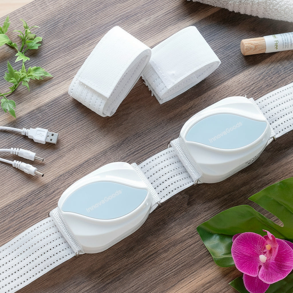 Flexora body sculpting massage belt with straps and USB cables on wood