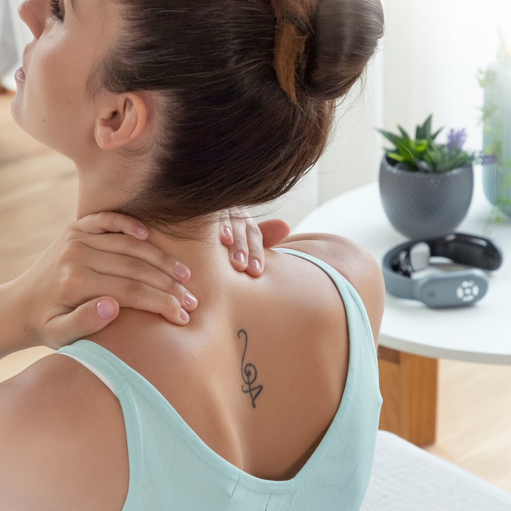 Woman touching the back of her neck after using the Flexora rechargeable neck massager, with the device resting on a table in a cozy home setting
