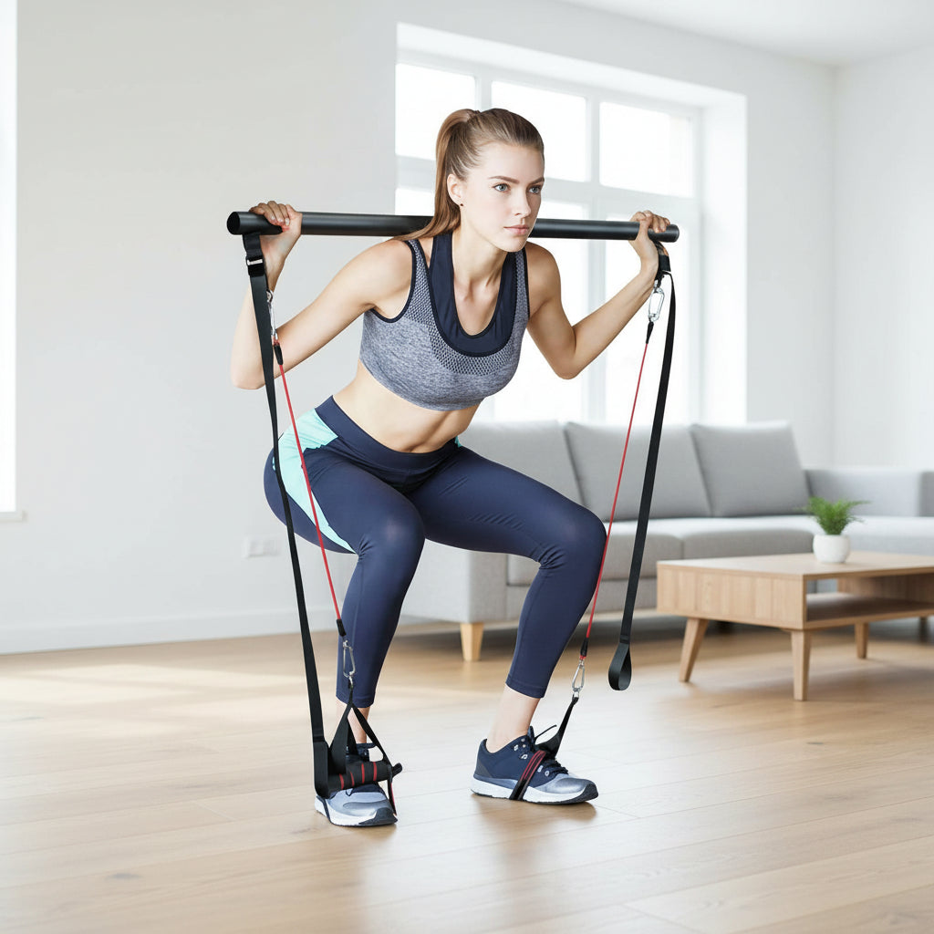 Woman performing squat exercise with Flexora resistance bar in a living room – legs and glutes workout
