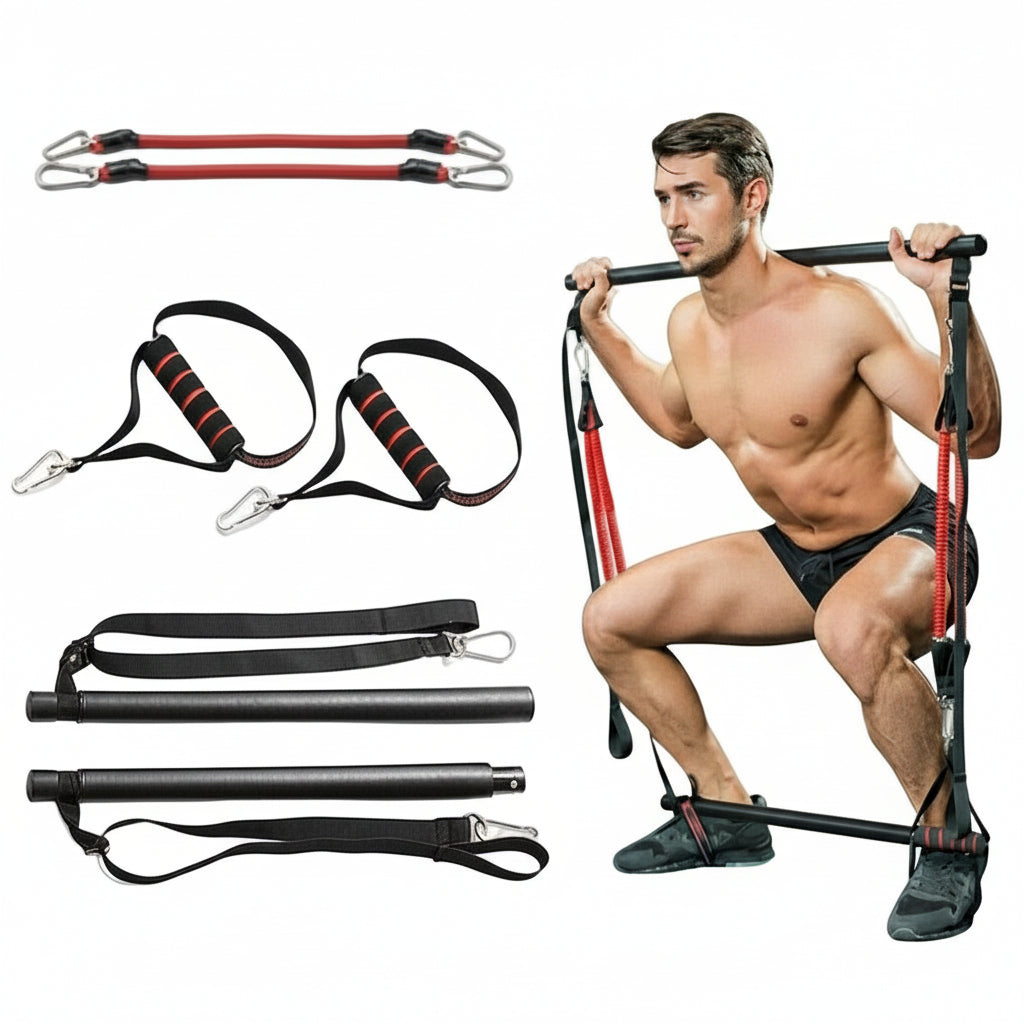 Flexora resistance bar kit with man performing squat exercise on a white background
