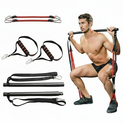 Flexora resistance bar kit with man performing squat exercise on a white background
