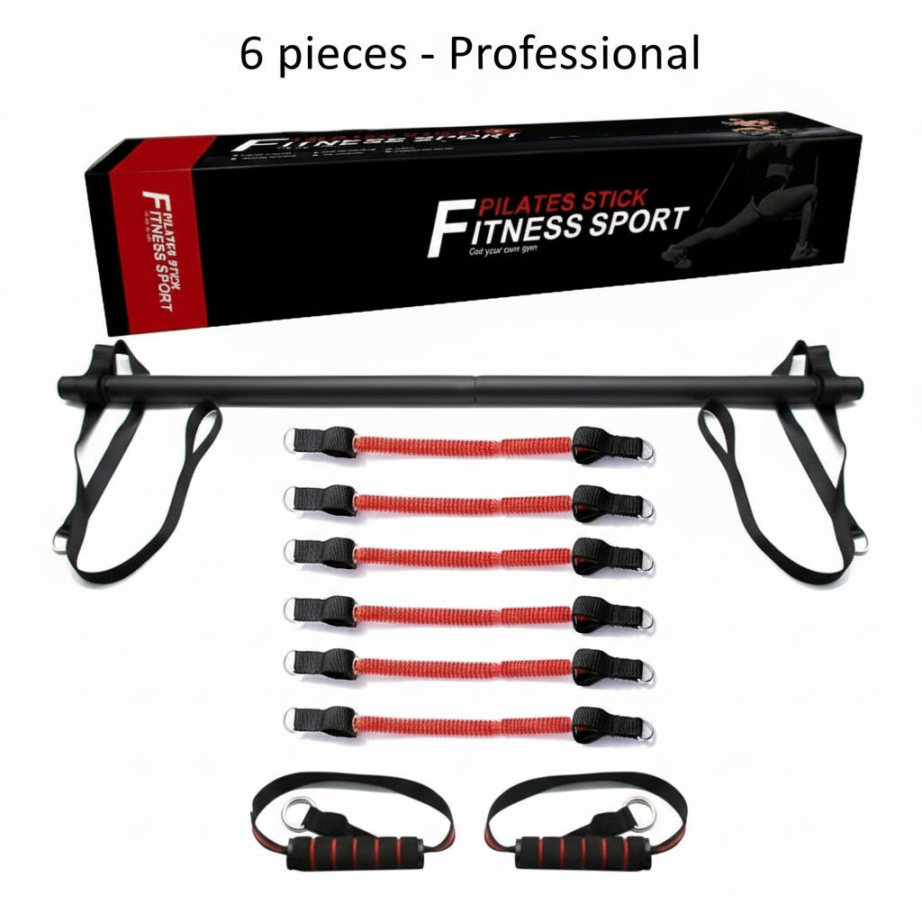 Flexora Pilates stick bar with six red resistance bands, handles and box on a white background