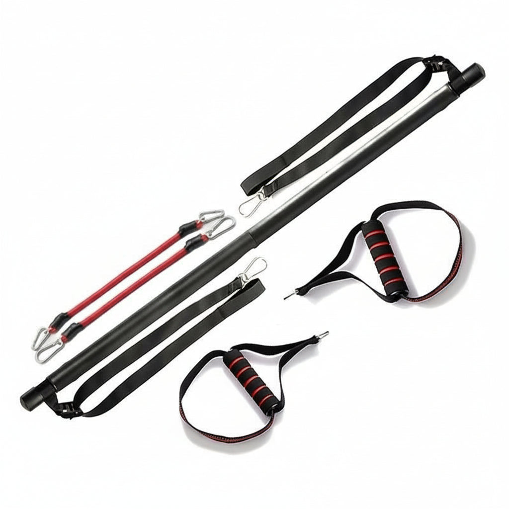 Flexora resistance bar set with bar, straps and foam handles on a white background