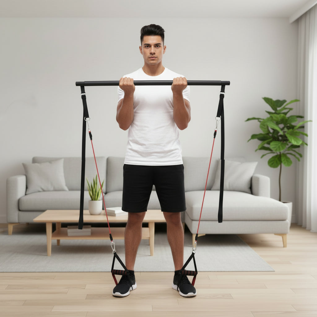 Man performing standing curl with Flexora resistance bar in a living room – biceps workout