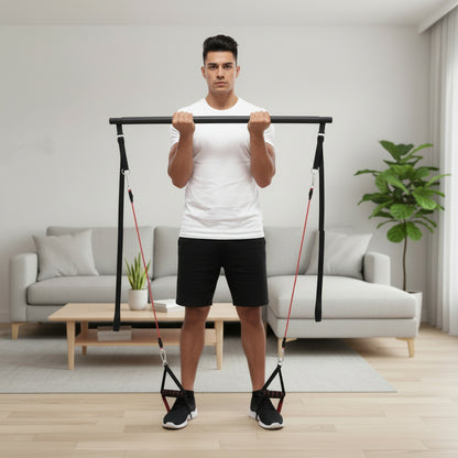 Man performing standing curl with Flexora resistance bar in a living room – biceps workout