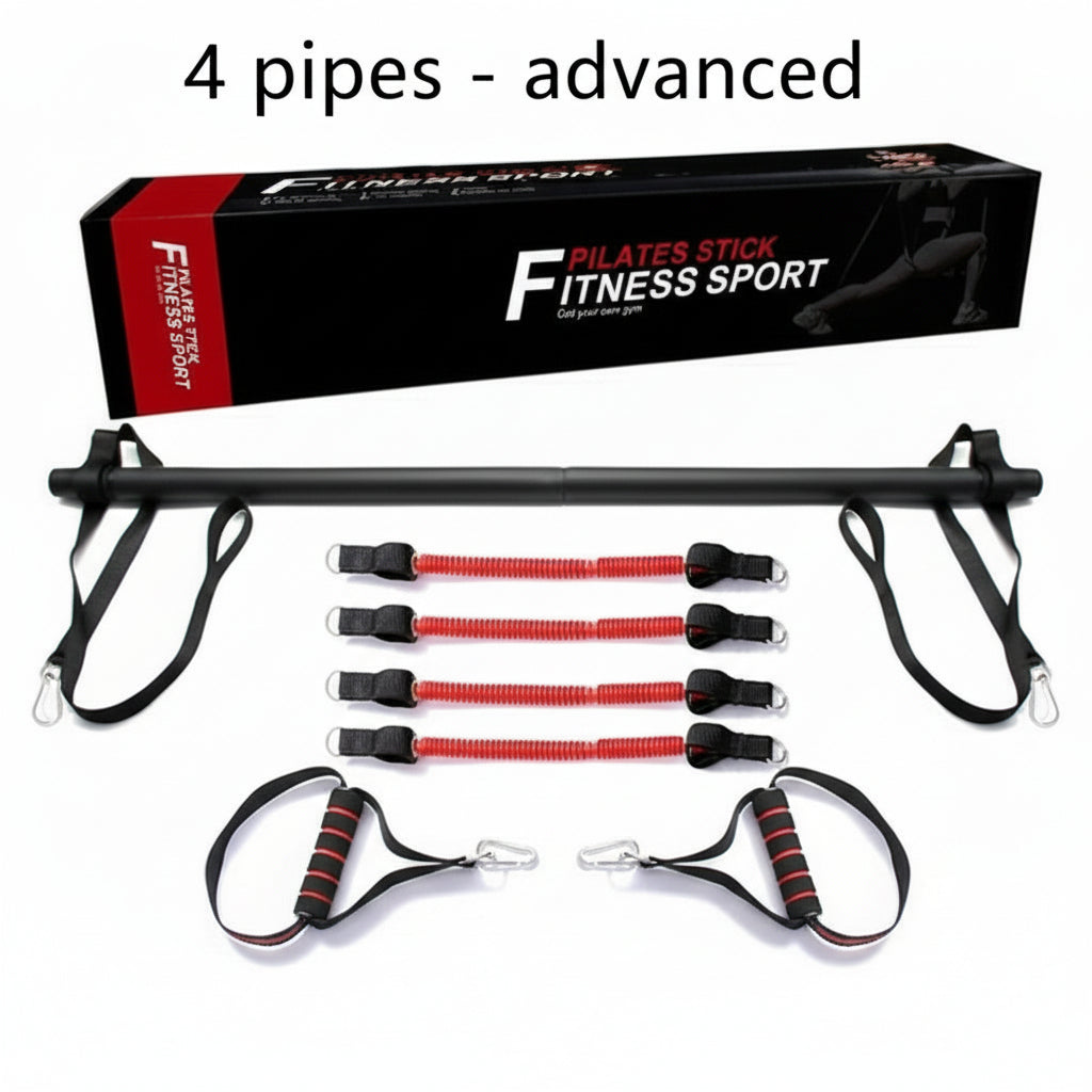 Flexora Pilates stick bar with extra resistance bands, handles and box on a white background