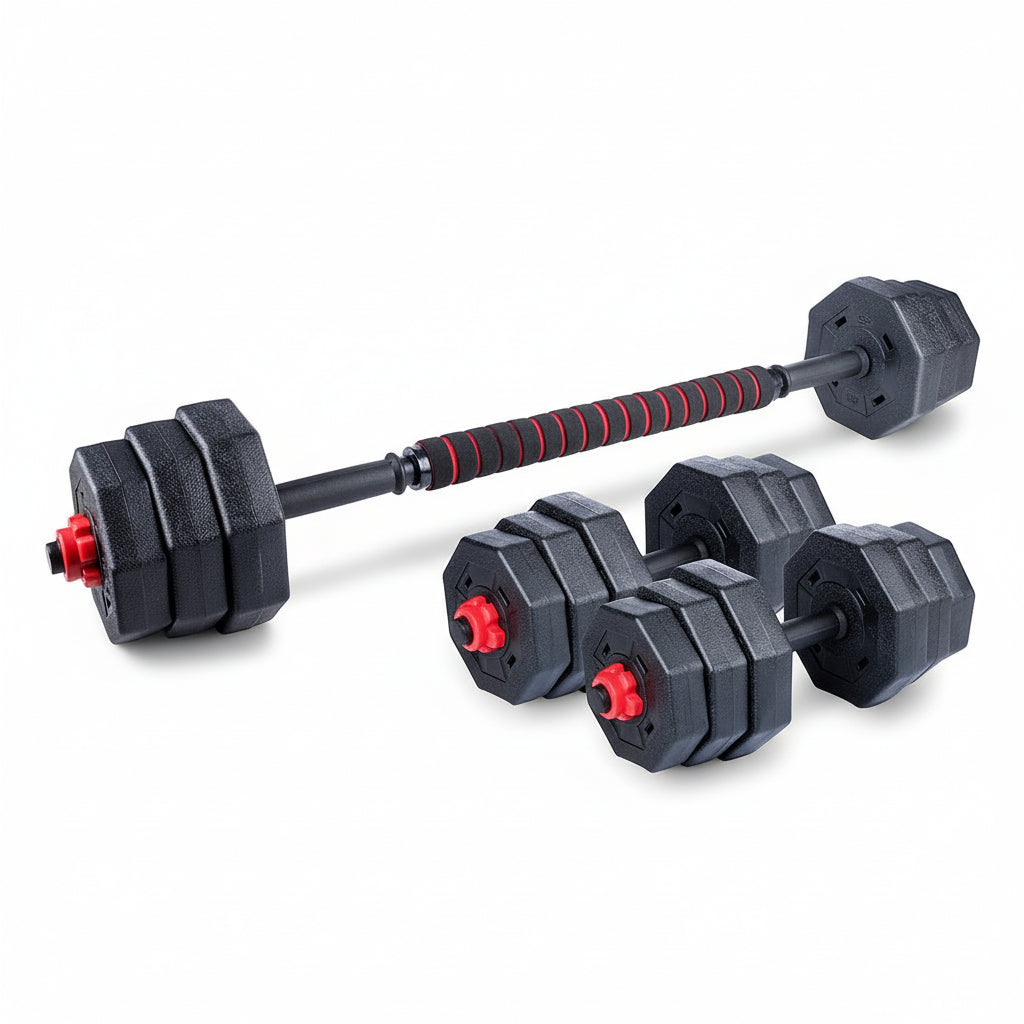 Flexora adjustable barbell and dumbbell set on a white background

