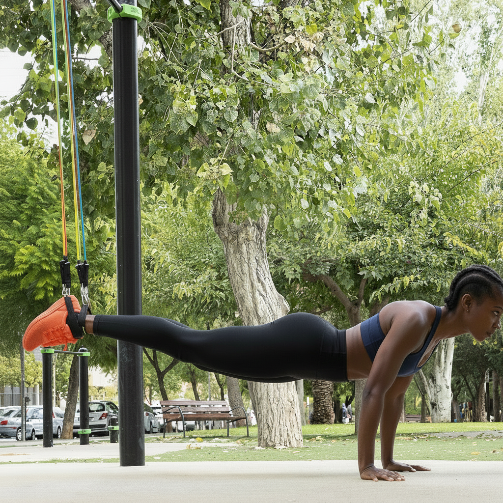 Woman performing suspended plank push-up with resistance bands targeting core, chest and glutes – Flexora