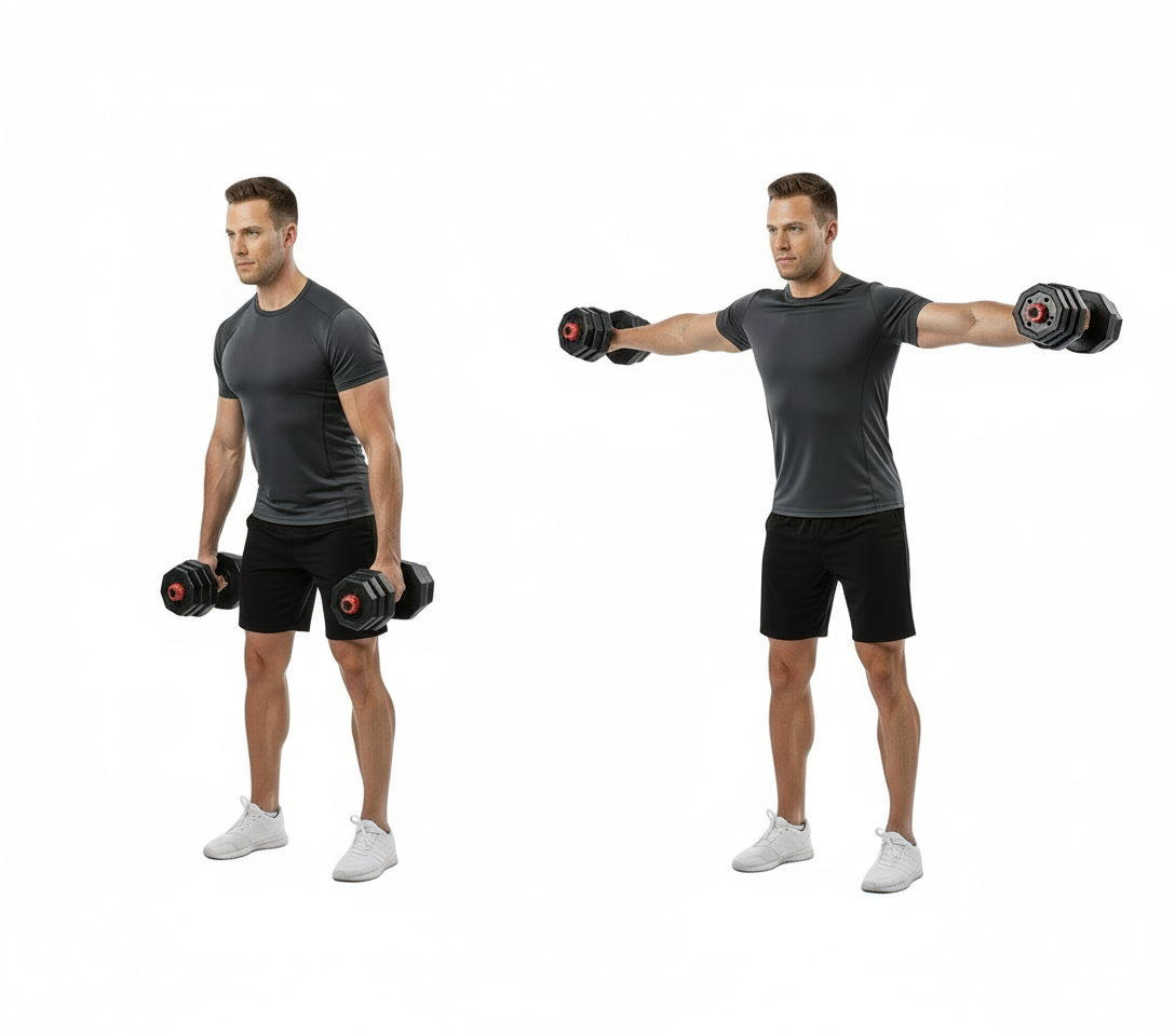 Man performing lateral raises with Flexora adjustable dumbbells on a white background – shoulder workout
