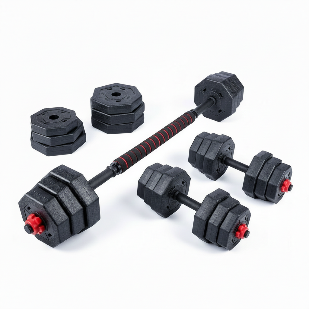 Flexora adjustable dumbbell and barbell set with hexagonal weight plates on a white background
