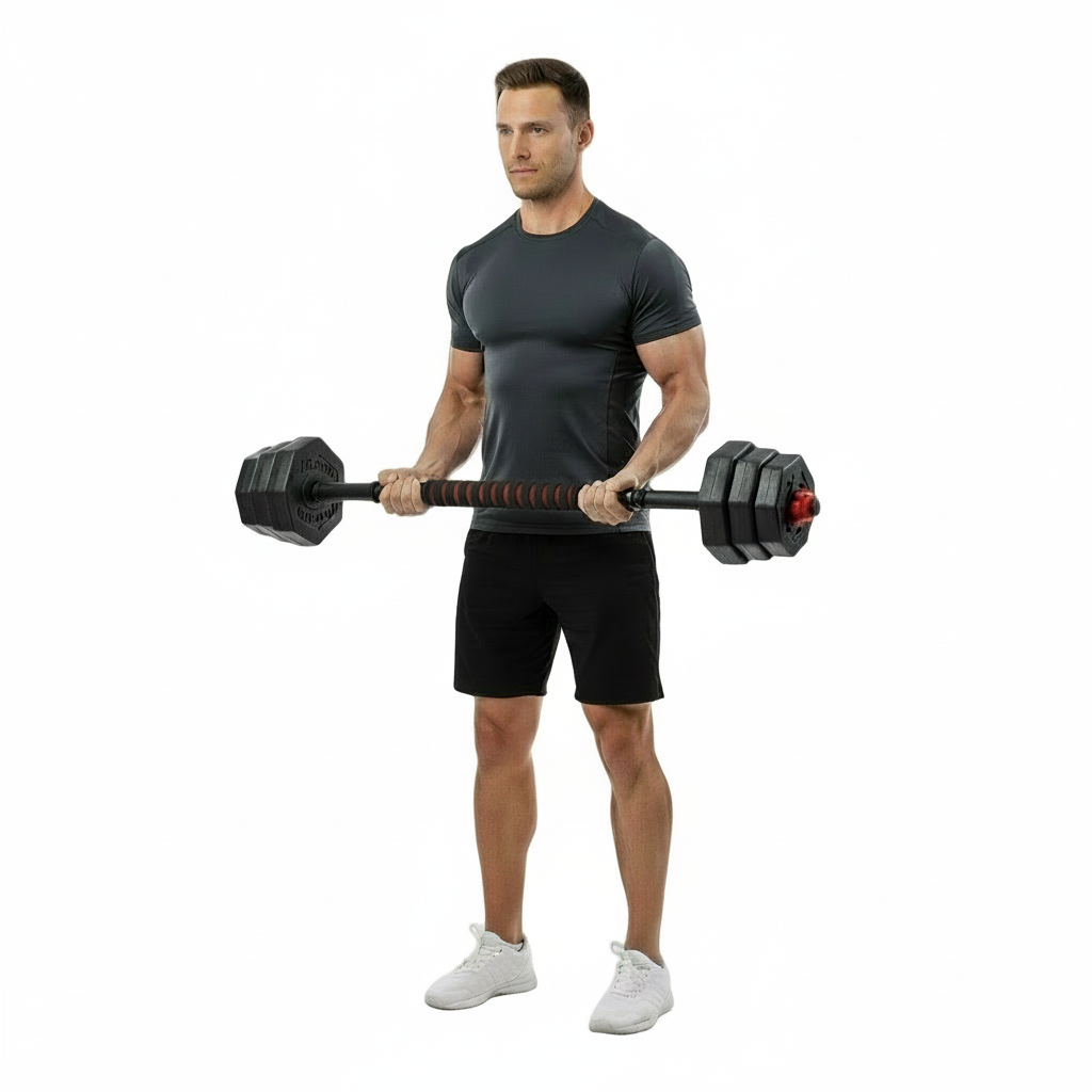 Man holding Flexora adjustable barbell set in standing position – ideal for biceps and upper body training
