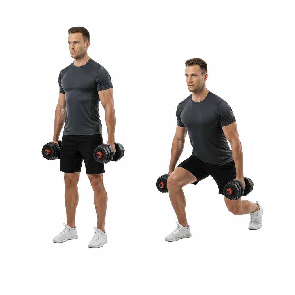 Man performing dumbbell lunges with Flexora adjustable weights on a white background – legs and glutes workout