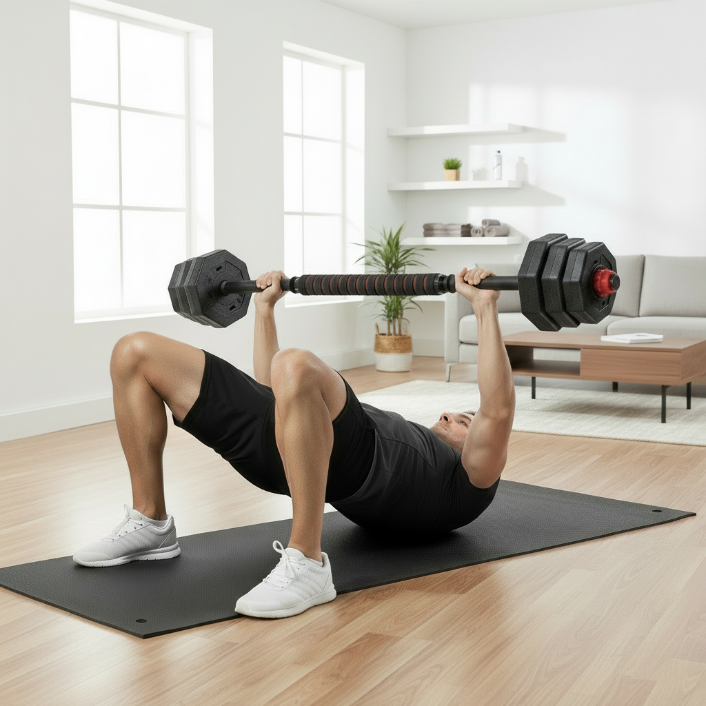 Man performing barbell floor press with Flexora adjustable barbell in a living room – chest workout