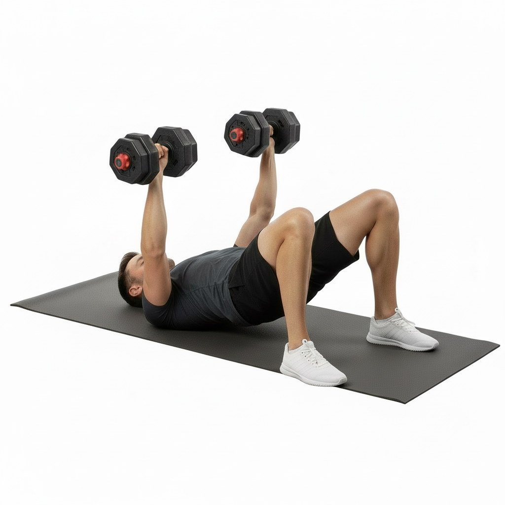 Man performing dumbbell floor press with Flexora adjustable weights on a white background – chest and triceps workout