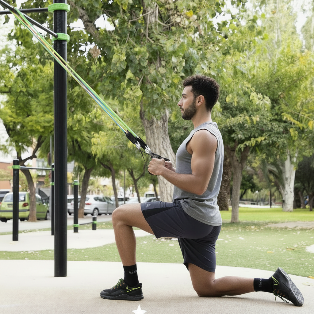 Man training with Flexora resistance bands attached to an outdoor pole in a park