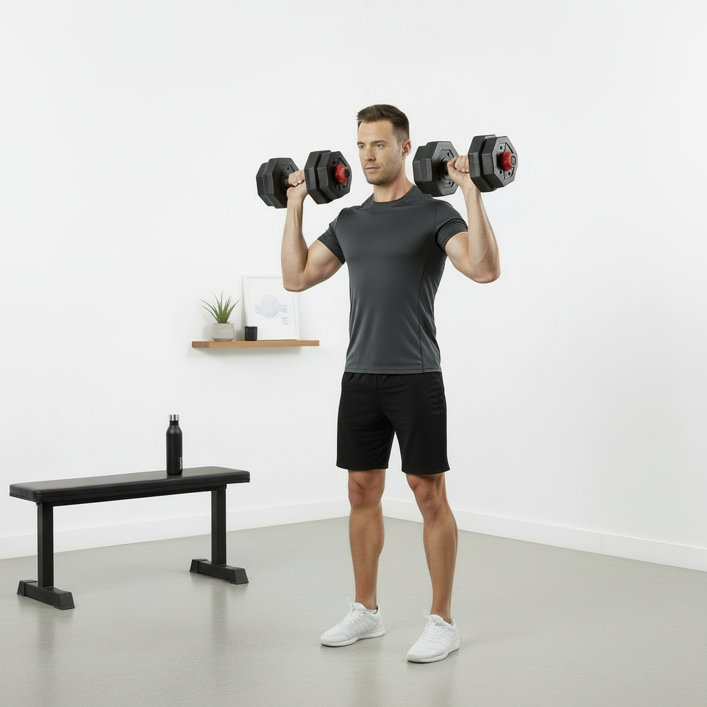 Man performing standing dumbbell shoulder press with Flexora adjustable dumbbells in a home gym – shoulder workout
