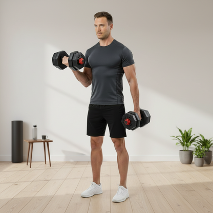 Man performing alternating dumbbell bicep curls with Flexora adjustable dumbbells in a home gym – biceps workout 