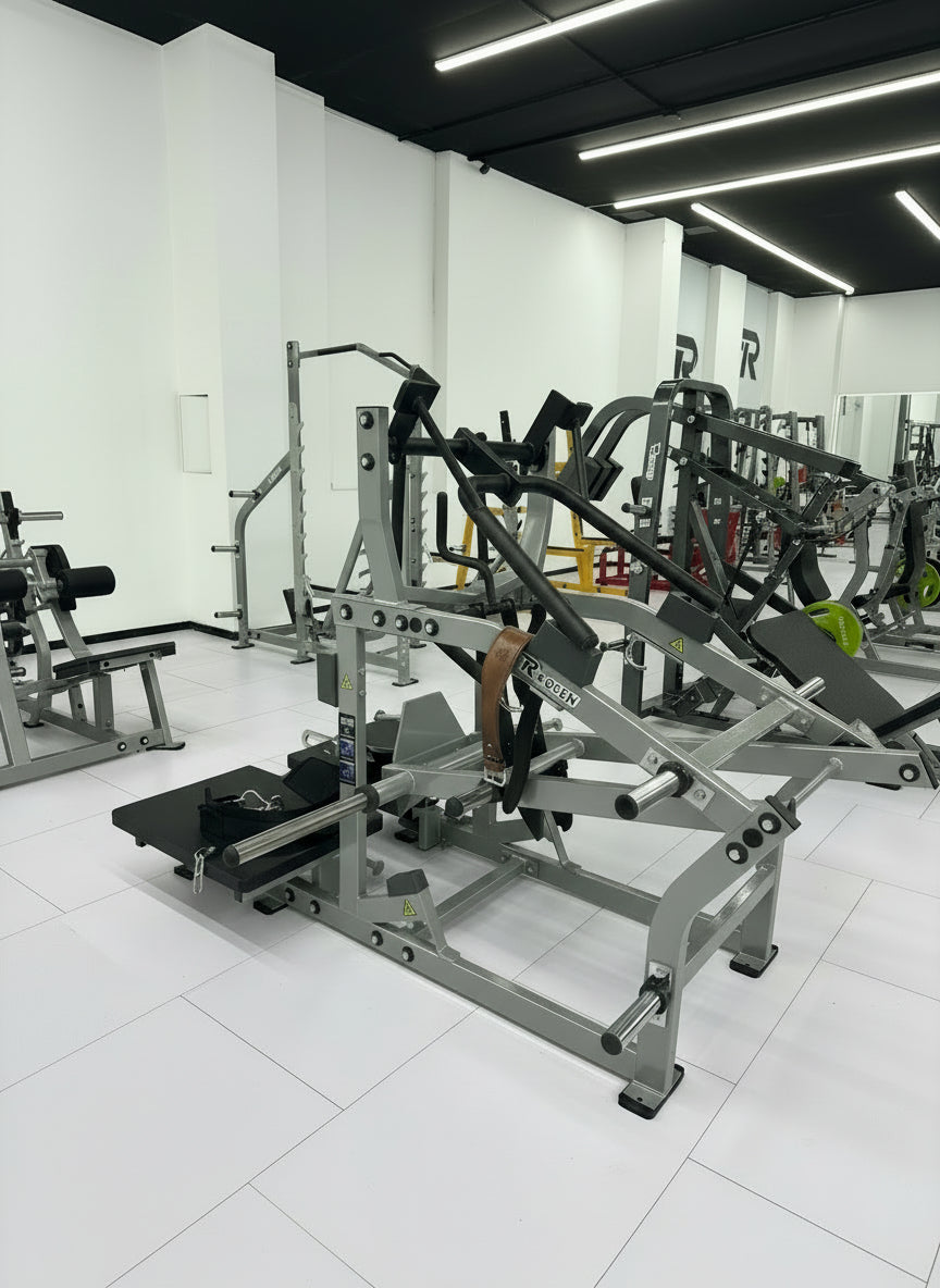 Plate-loaded belt squat machine in a bright commercial gym with other strength equipment
