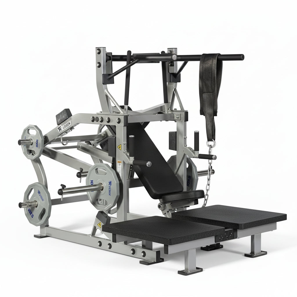 Commercial belt squat and leg press combo machine on a white background