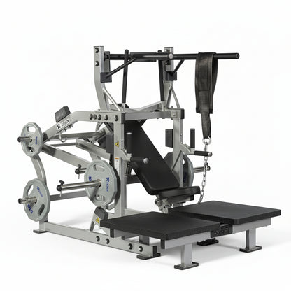 Commercial belt squat and leg press combo machine on a white background