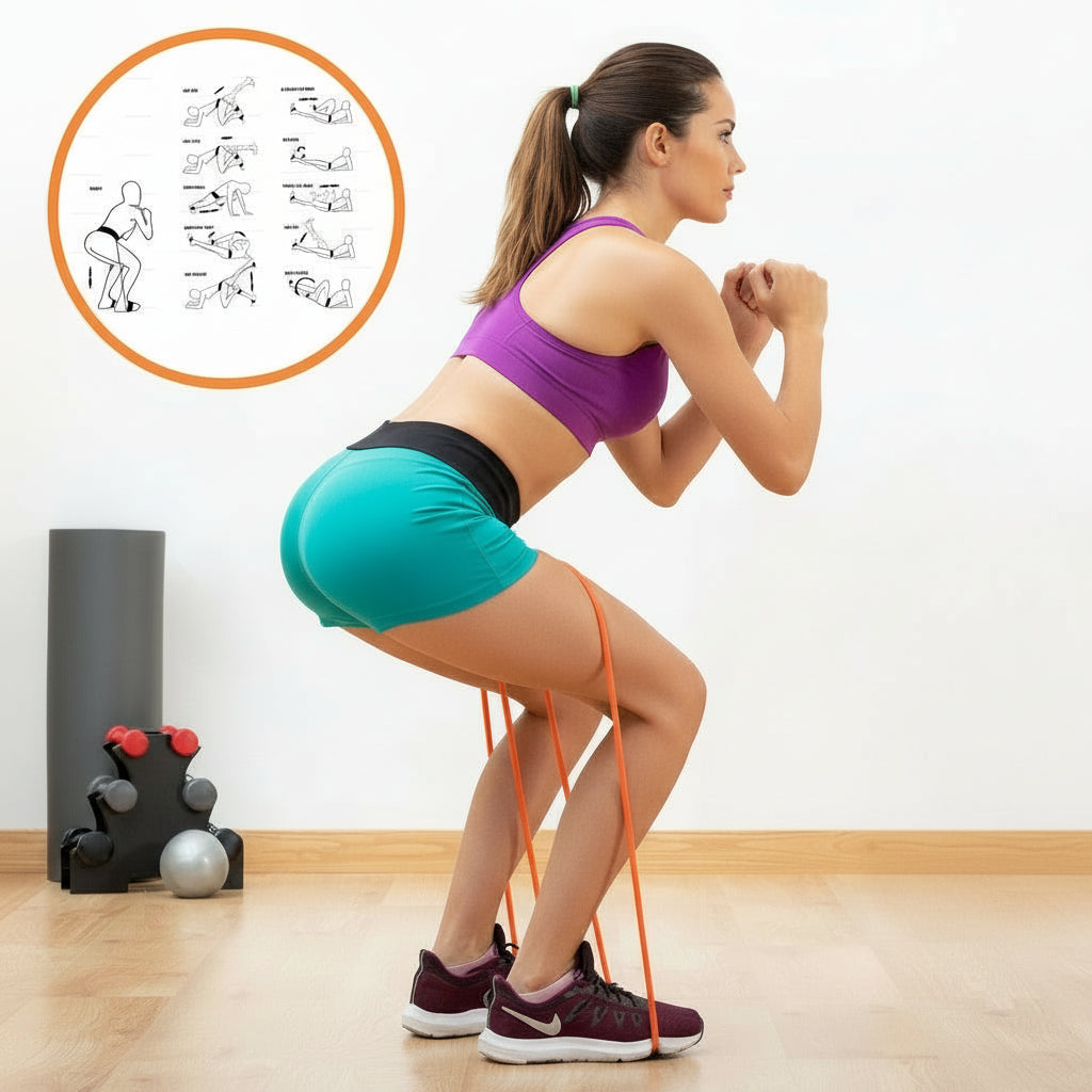 Woman performing squats with glute resistance belt and bands
