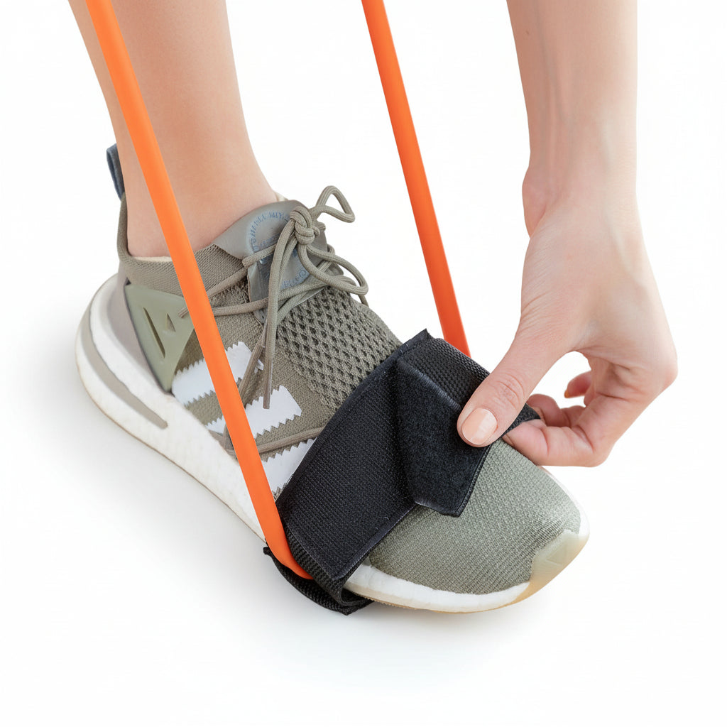 Close-up of foot strapped into glute resistance belt with orange resistance bands, ready for squat exercise