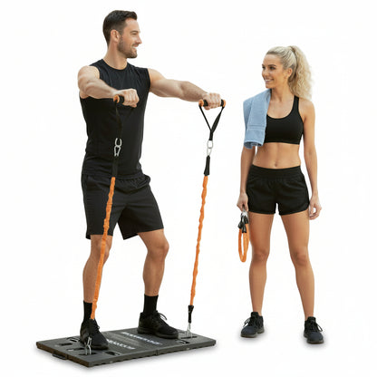 Flexora Portable Training System – man exercising with orange resistance bands on base platform next to woman on a white background