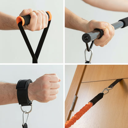 Close-up collage of Flexora training system: foam handles, metal bar, wrist strap and door anchor with orange resistance band