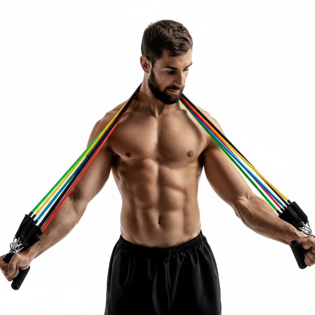 Man posing with Flexora resistance bands across his shoulders on a white background