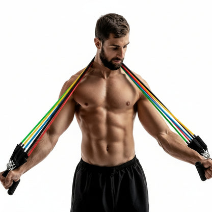 Man posing with Flexora resistance bands across his shoulders on a white background