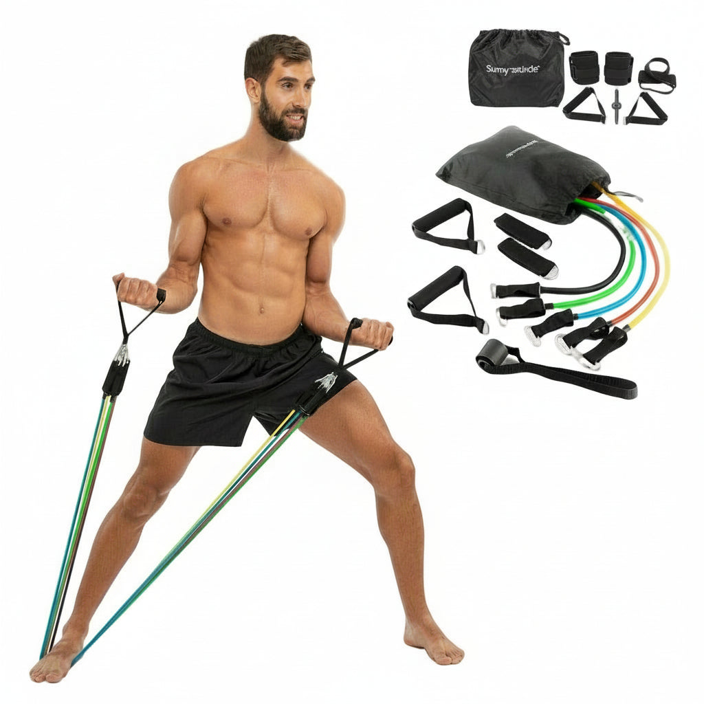 Man training with Flexora resistance bands set with handles and accessories on white background