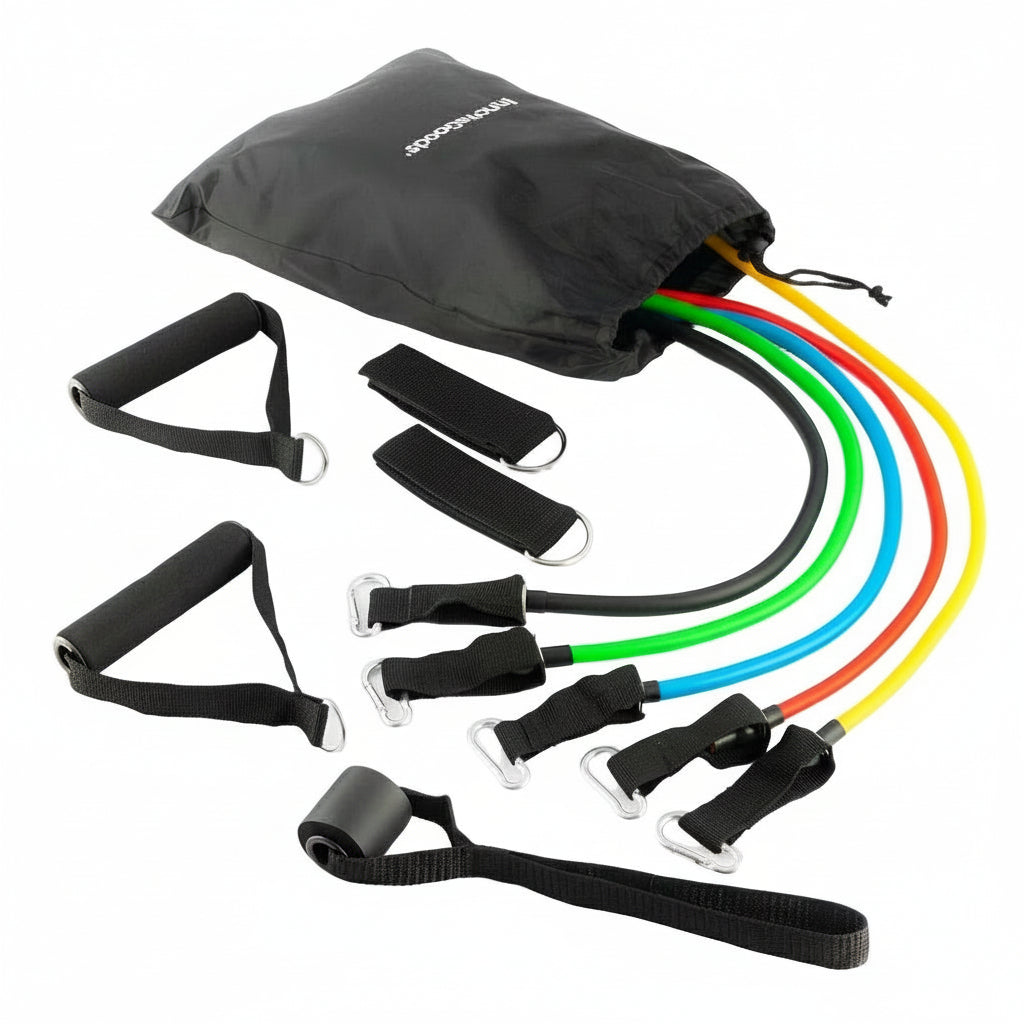 Flexora resistance bands set with handles, ankle straps, door anchor and carry bag on a white background