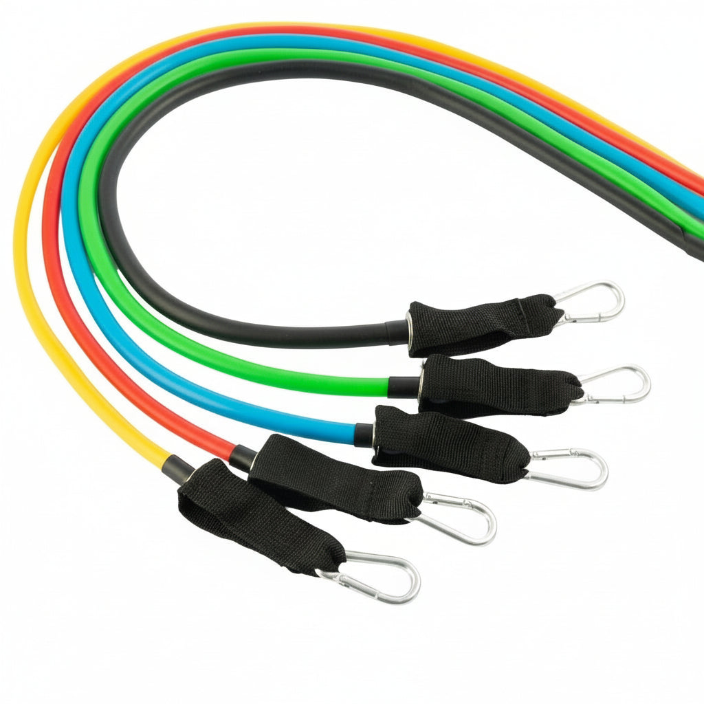 Flexora resistance bands in five colours with kg resistance levels displayed on a white background