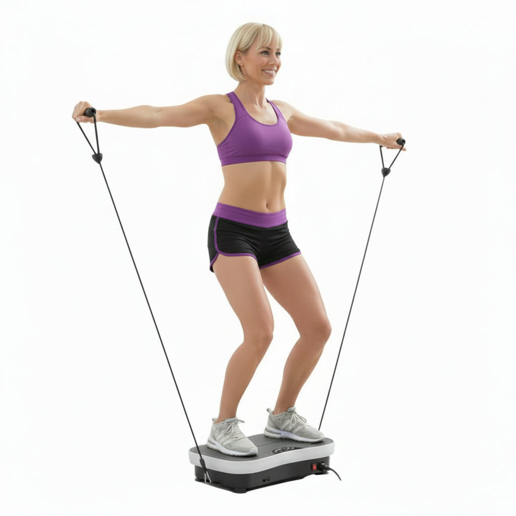 Woman training on a vibration plate with resistance bands for full body home workout
