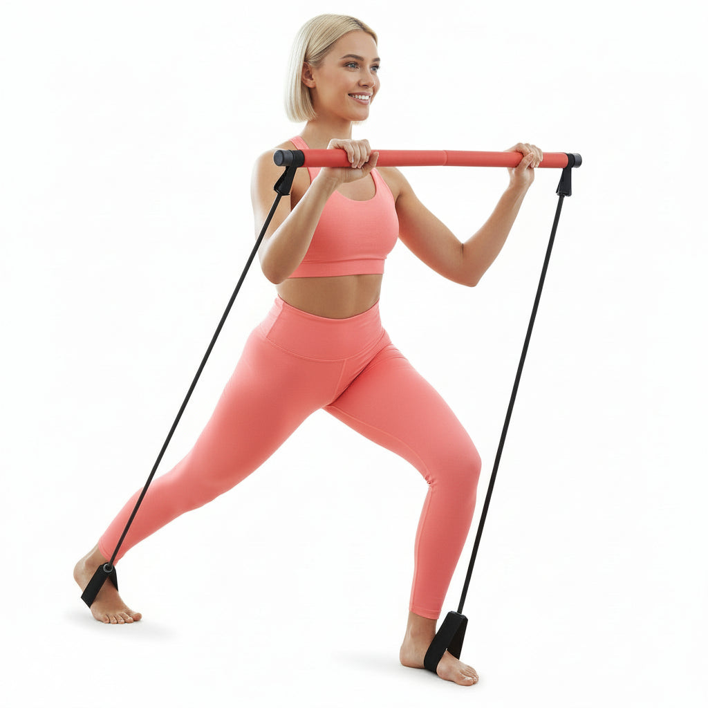 Woman performing lunge press with Flexora fitness bar and resistance bands on a white background – full body home workout
