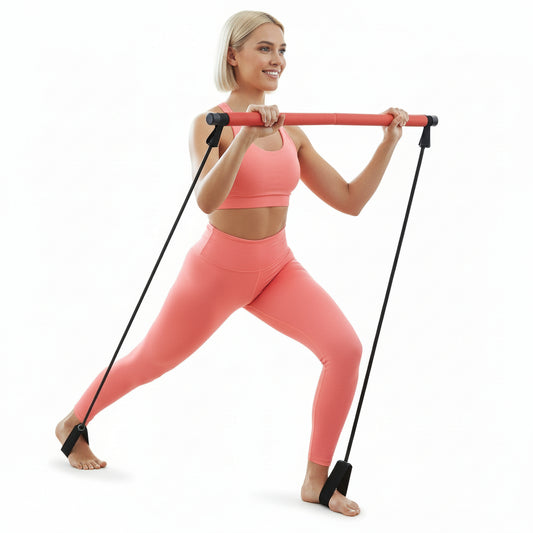 Woman performing lunge press with Flexora fitness bar and resistance bands on a white background – full body home workout
