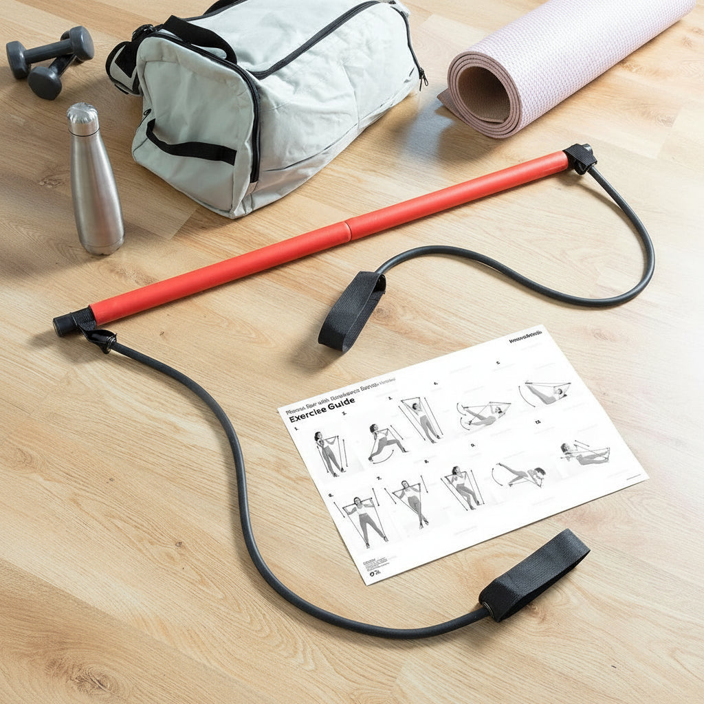 Orange fitness bar with black resistance band, exercise guide, gym bag, dumbbells, bottle and yoga mat on a wooden floor