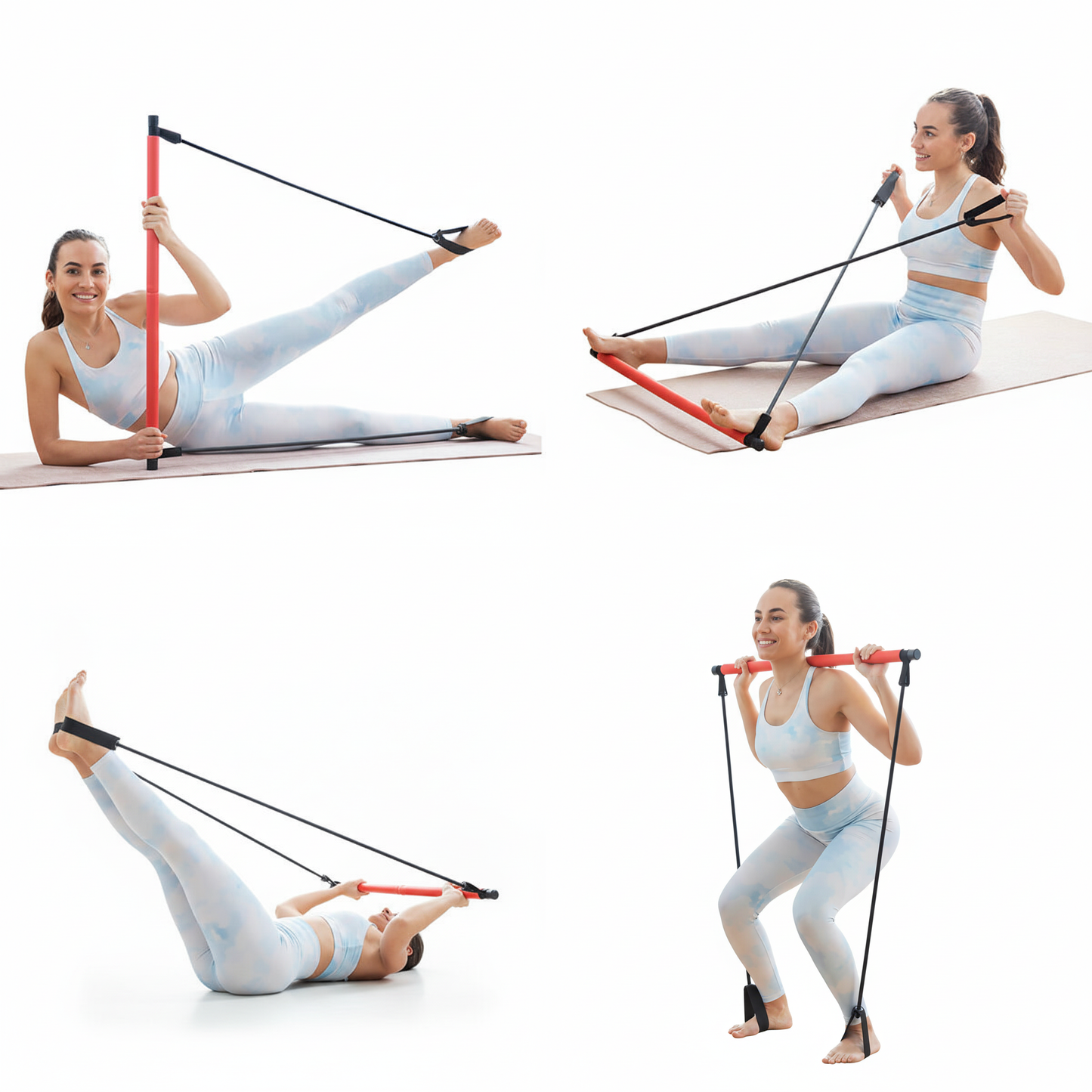 Woman demonstrating four exercises with Flexora fitness bar and resistance bands on a yoga mat – full-body home workout