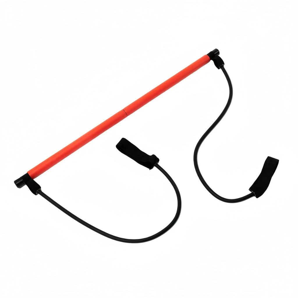 Flexora fitness bar with attached resistance bands and foot/hand straps on a white background