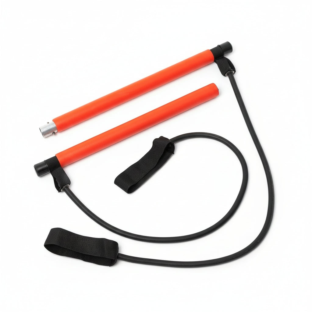 Flexora fitness bar set with detachable bar pieces and resistance band on a white background
