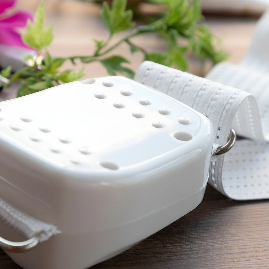 Flexora control unit with strap on a wooden surface with plants
