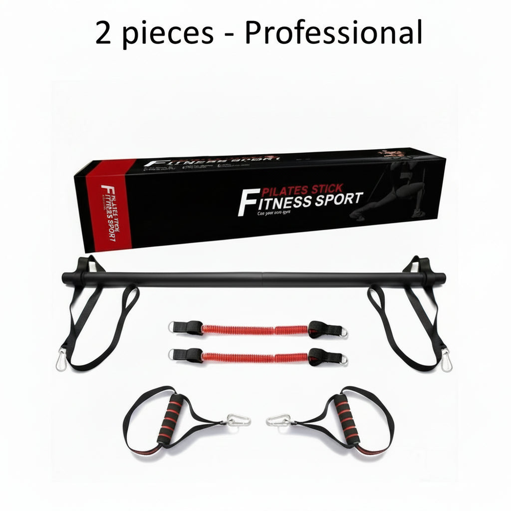 Flexora Pilates stick bar set with resistance bands, handles and box on a white background